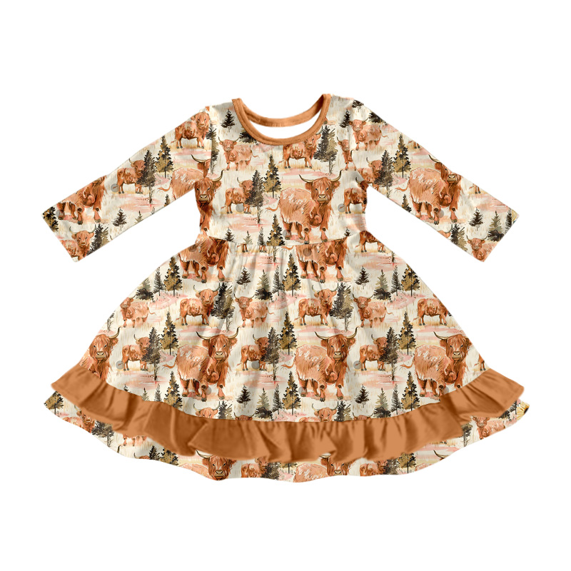 Preorder GLD0798 Western highland cow brown long sleeve girls dress
