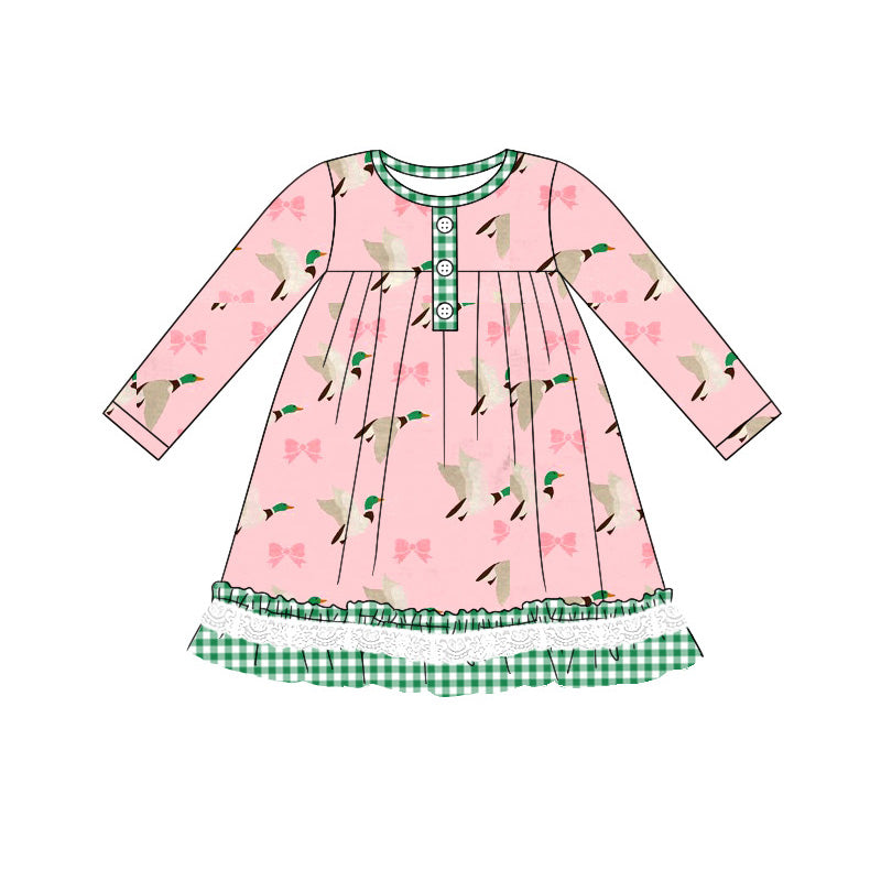 Preorder GLD0804 hunting mallard bow pink long sleeve girls dress