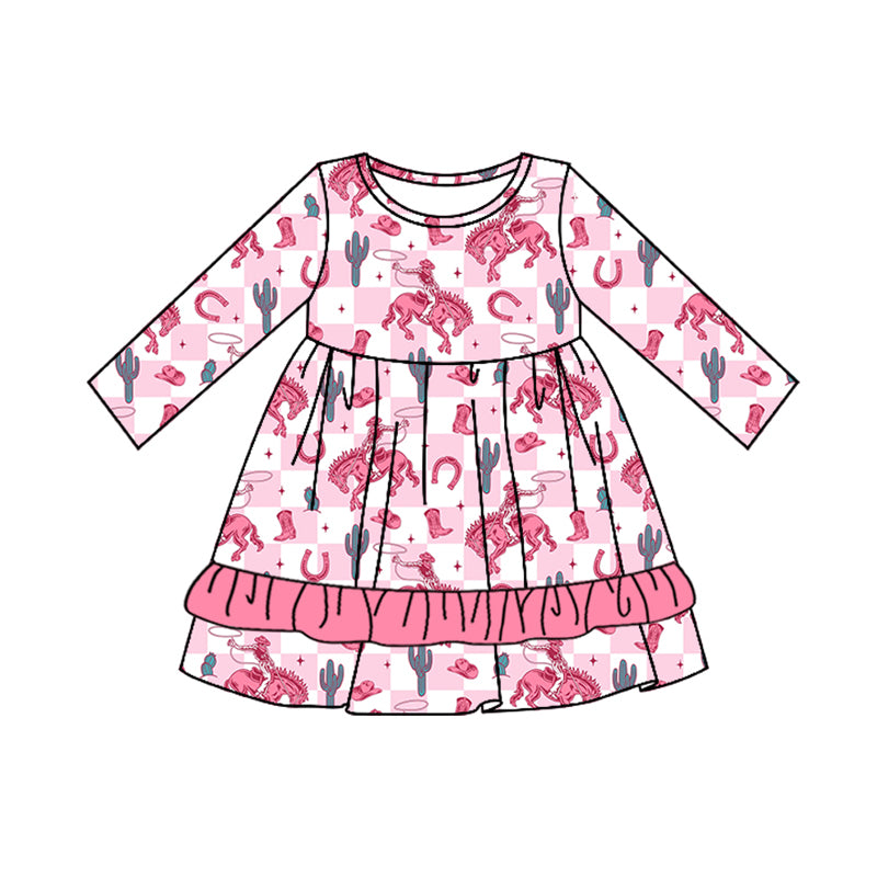 Preorder GLD0826 Western rodeo cactus pink checkered long sleeve girls dress