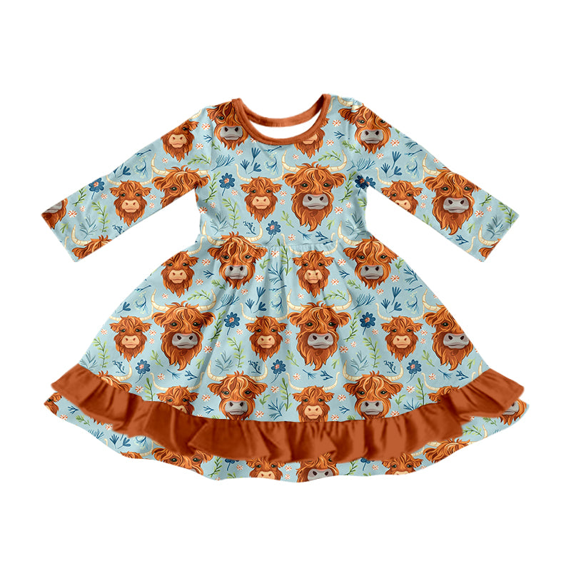 Preorder GLD0831 Western highland cow flowers long sleeve girls dress