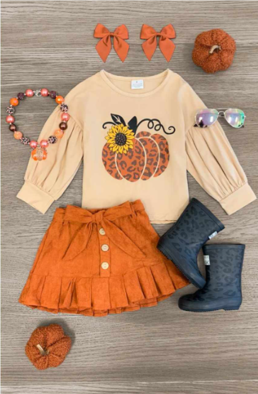Preorder GLD0833 Autumn pumpkin sunflower long sleeve orange skirt girls set