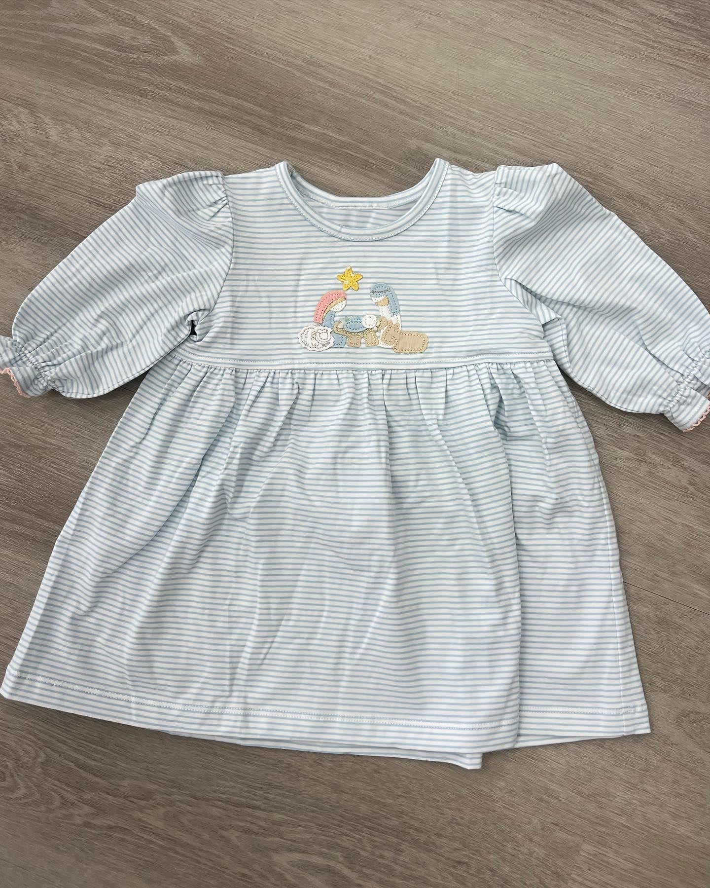 Preorder GLD0835 The Nativity Story blue striped long sleeve girls dress