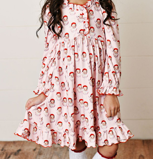 Preorder GLD0840 Christmas Santa pink long sleeve girls gown dress