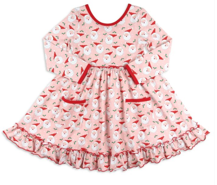 Preorder GLD0846 Christmas Santa pink pockets long sleeve girls dress