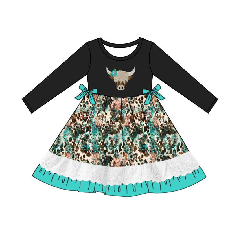 Preorder GLD0852 Western highland cow cow print long sleeve girls dress
