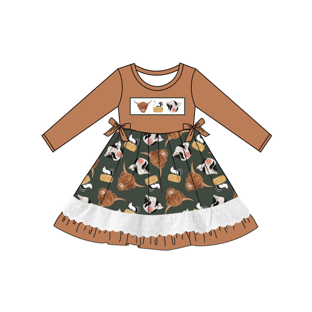 Preorder GLD0862 farm highland cow cow chick long sleeve girls dress