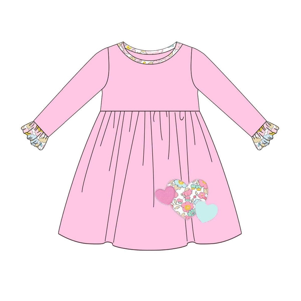 Preorder GLD0867 cute flowers heart hot pink long sleeve girls dress