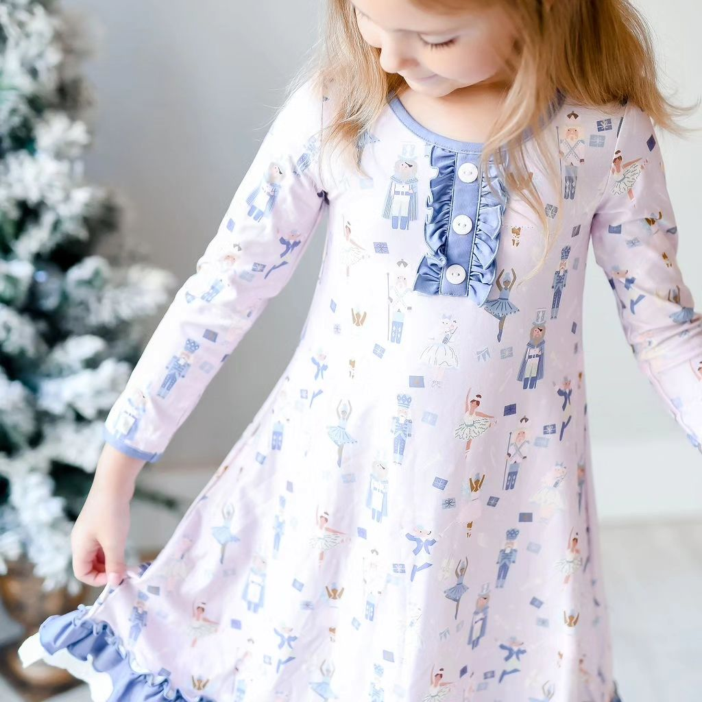 Preorder GLD0874 Christmas soldier dance girl blue long sleeve girls dress