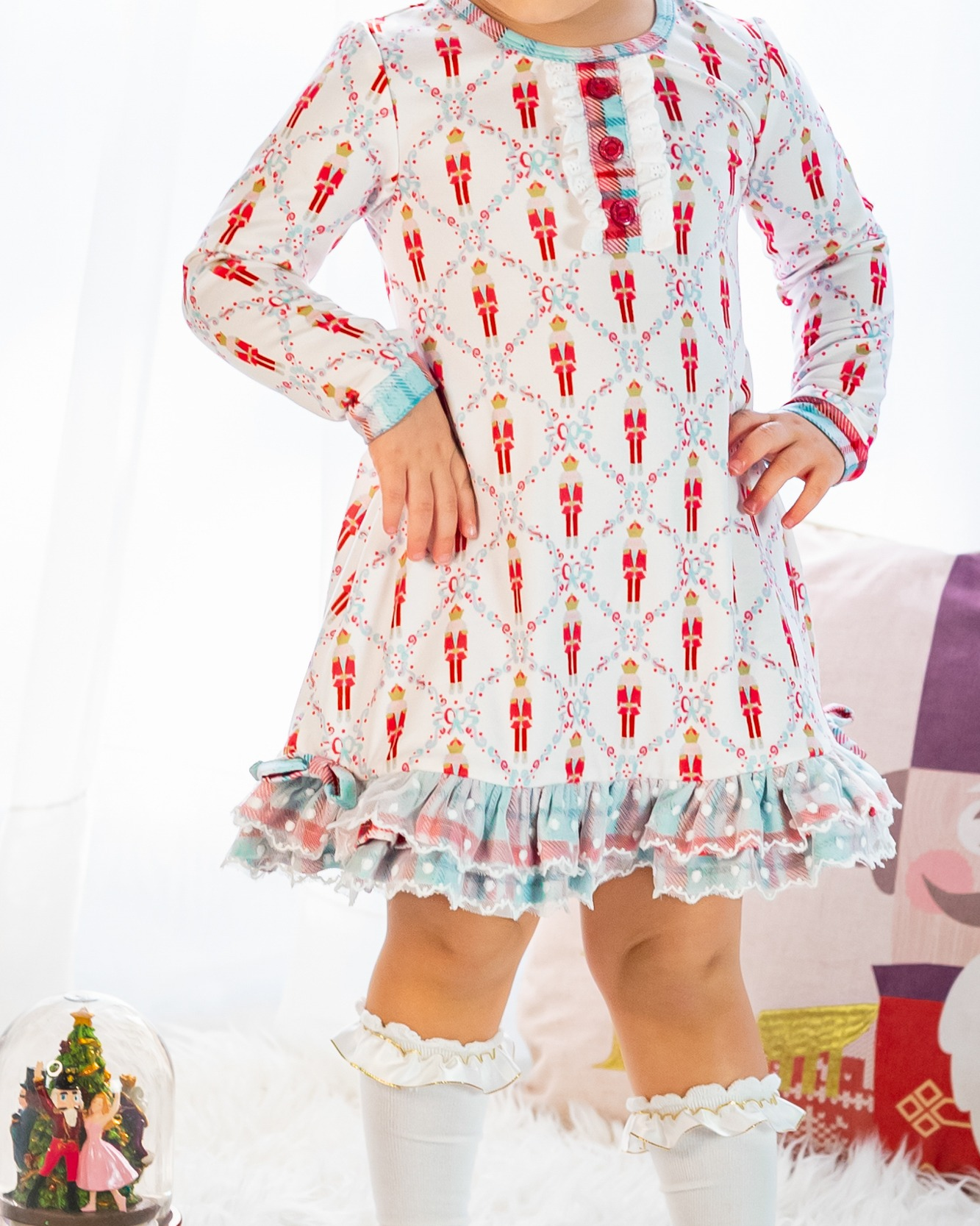 Preorder GLD0876 Christmas soldier bows long sleeve girls dress