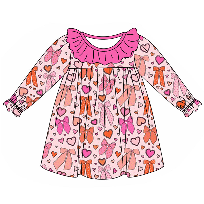 Preorder GLD0879 colorful heart bows long sleeve girls hot pink dress toddle dress