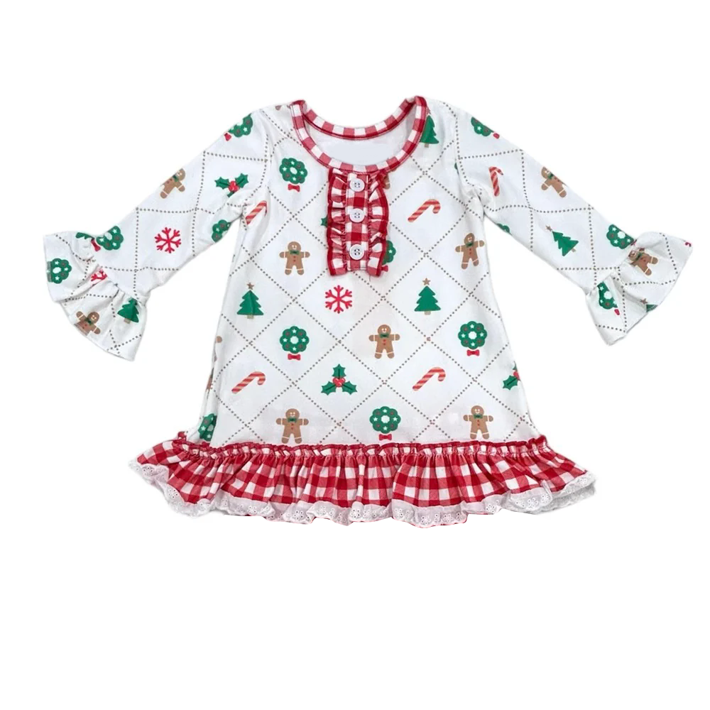 Preorder GLD0882 Christmas cane candy gingerbread man tree long sleeve girls dress toddle dress