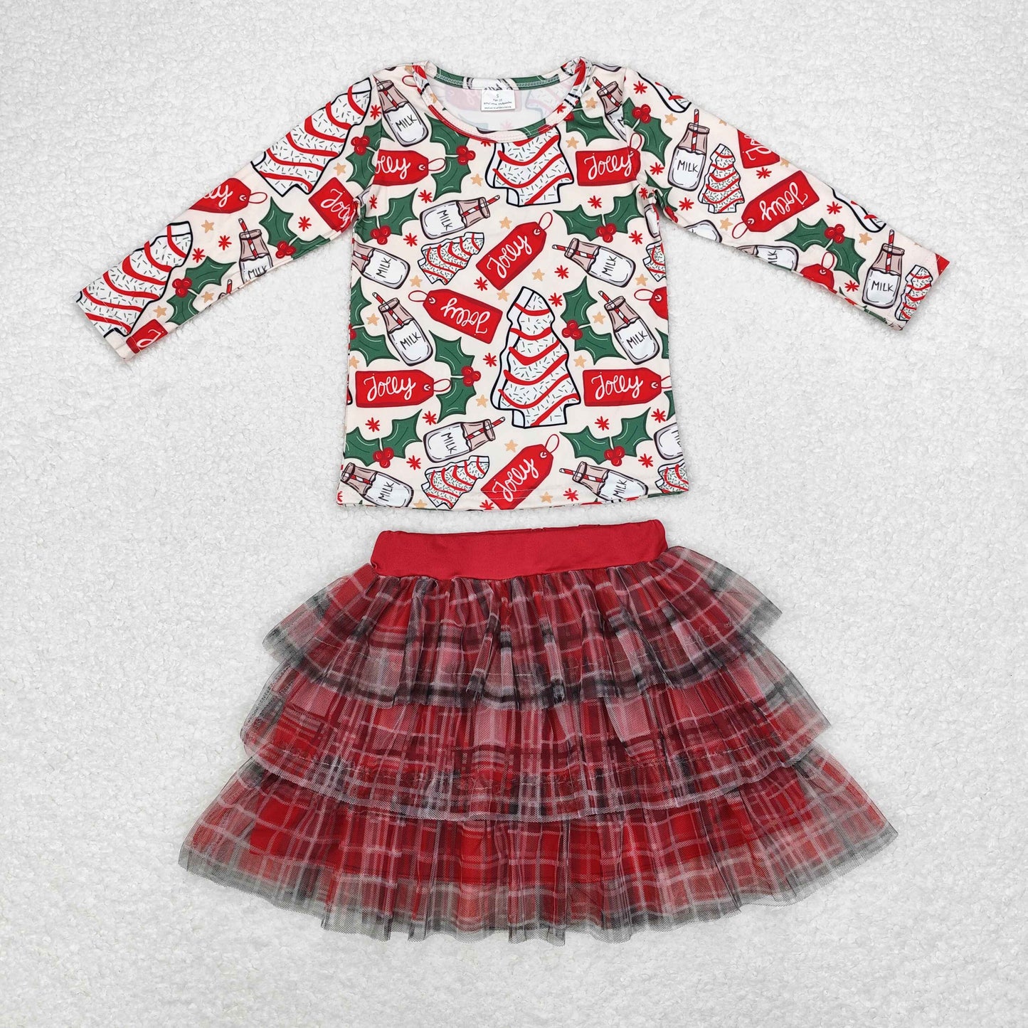 GLD0883 Christmas cake tree milk long sleeve red checkered puffy skirt 2pc girls set