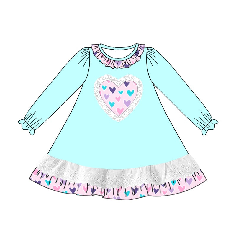 Preorder GLD0886 Valentine Day colorful heart light blue long sleeve girls dress