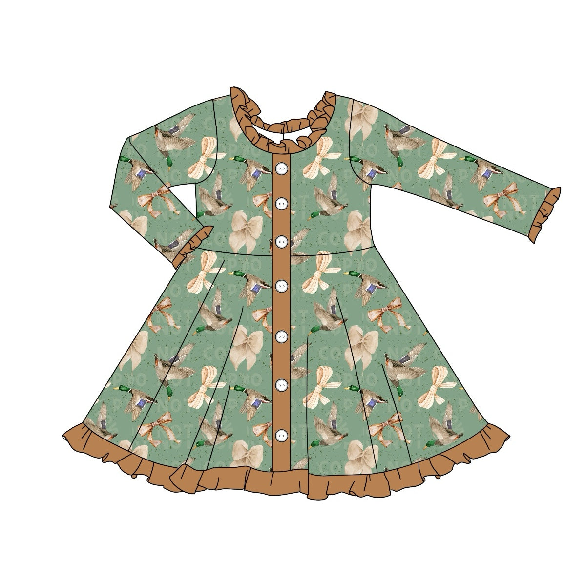 Preorder GLD0901 cute mallard duck bows green long sleeve girls dress