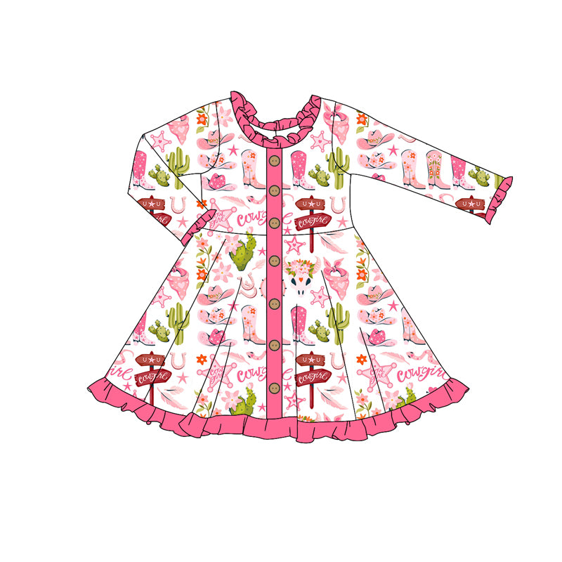 Preorder GLD0907 Western cowgirl boot cactus hot pink long sleeve girls dress