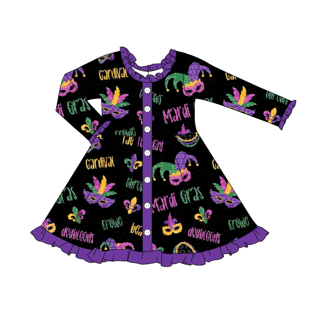 Preorder GLD0908 Mardi Gras mask purple black long sleeve girls dress