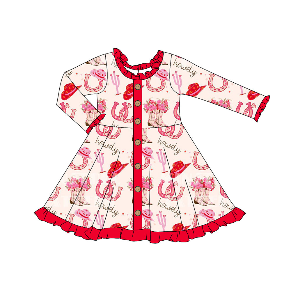 Preorder GLD0918 Western howdy cactus red long sleeve girls dress