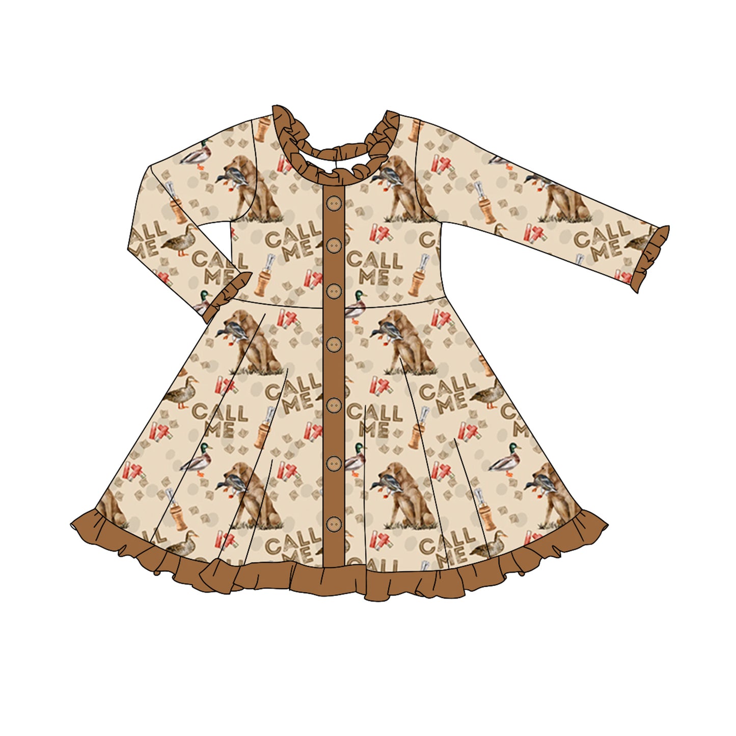 Preorder GLD0921 call me duck call mallard duck dog brown long sleeve girls dress