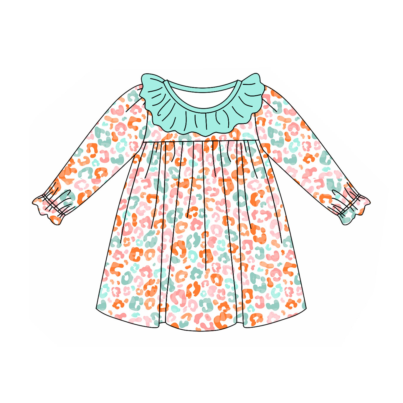 Preorder GLD0928 colorful leopard ruffles long sleeve girls dress