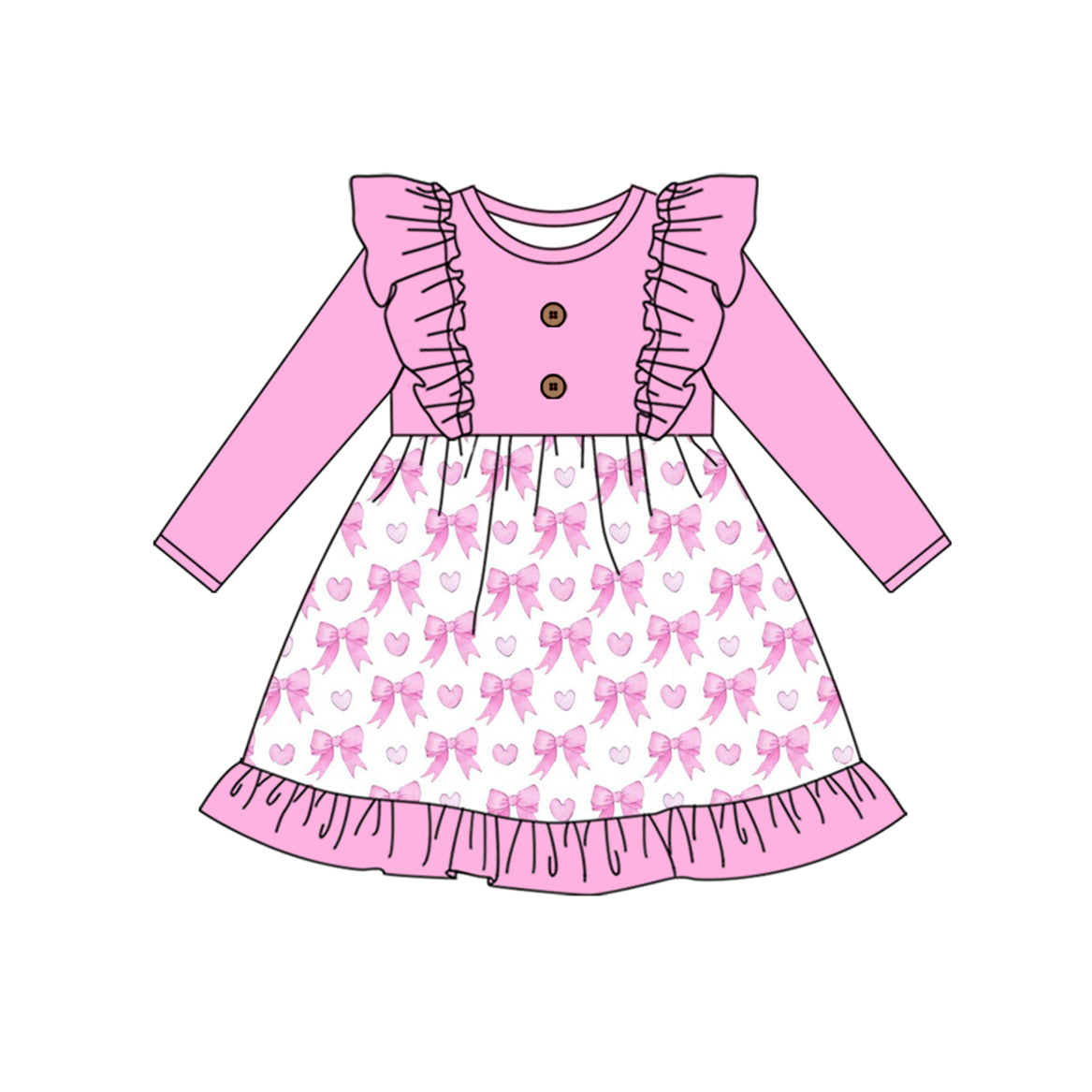 Preorder GLD0929 hot pink bows heart ruffles long sleeve girls dress