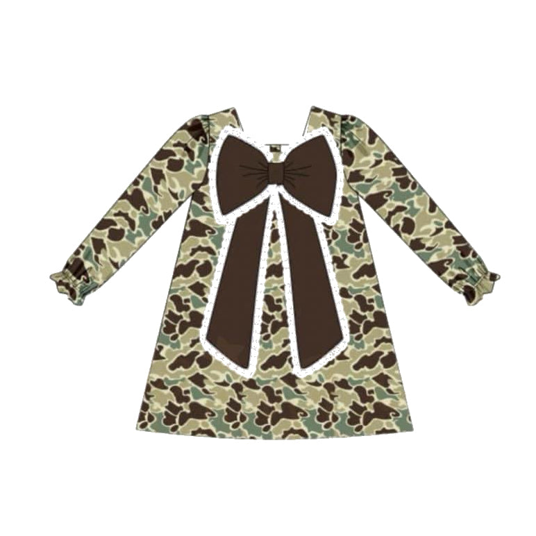 Preorder GLD0938 green camo brown bow long sleeve girls dress