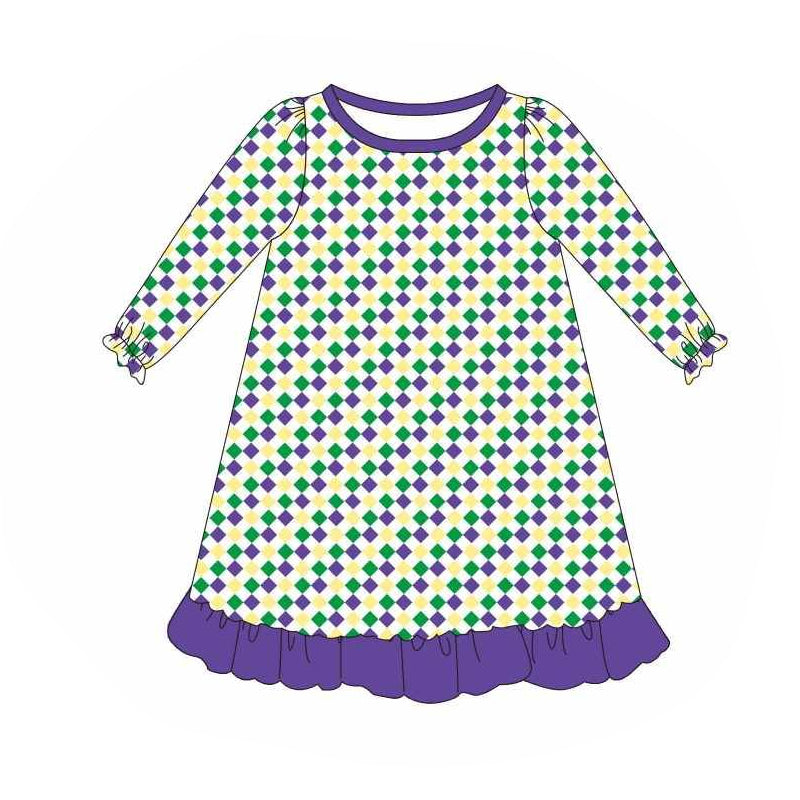 Preorder GLD0977 Mardi Gras purple green yellow checkered long sleeve girls gown girls dress