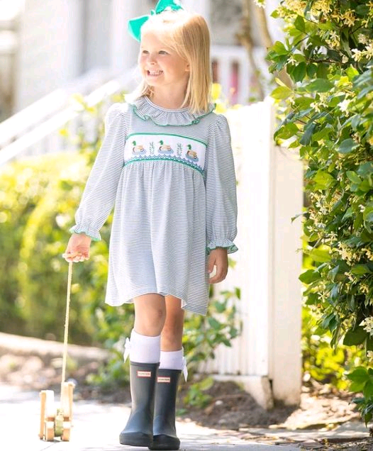 Preorder GLD0989 cute mallard duck blue striped long sleeve girls dress