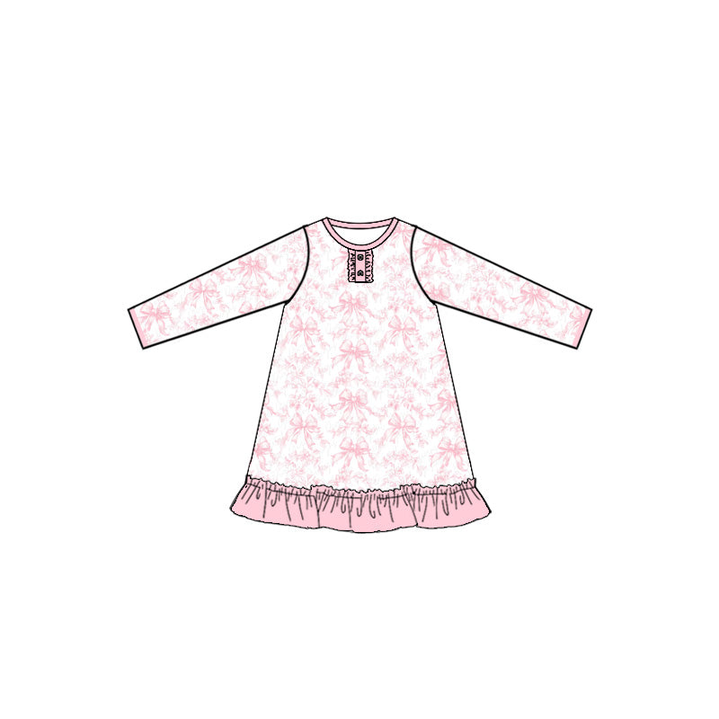 preorder GLD0991 Pink Bows Flowers Long Sleeve Girls Dress
