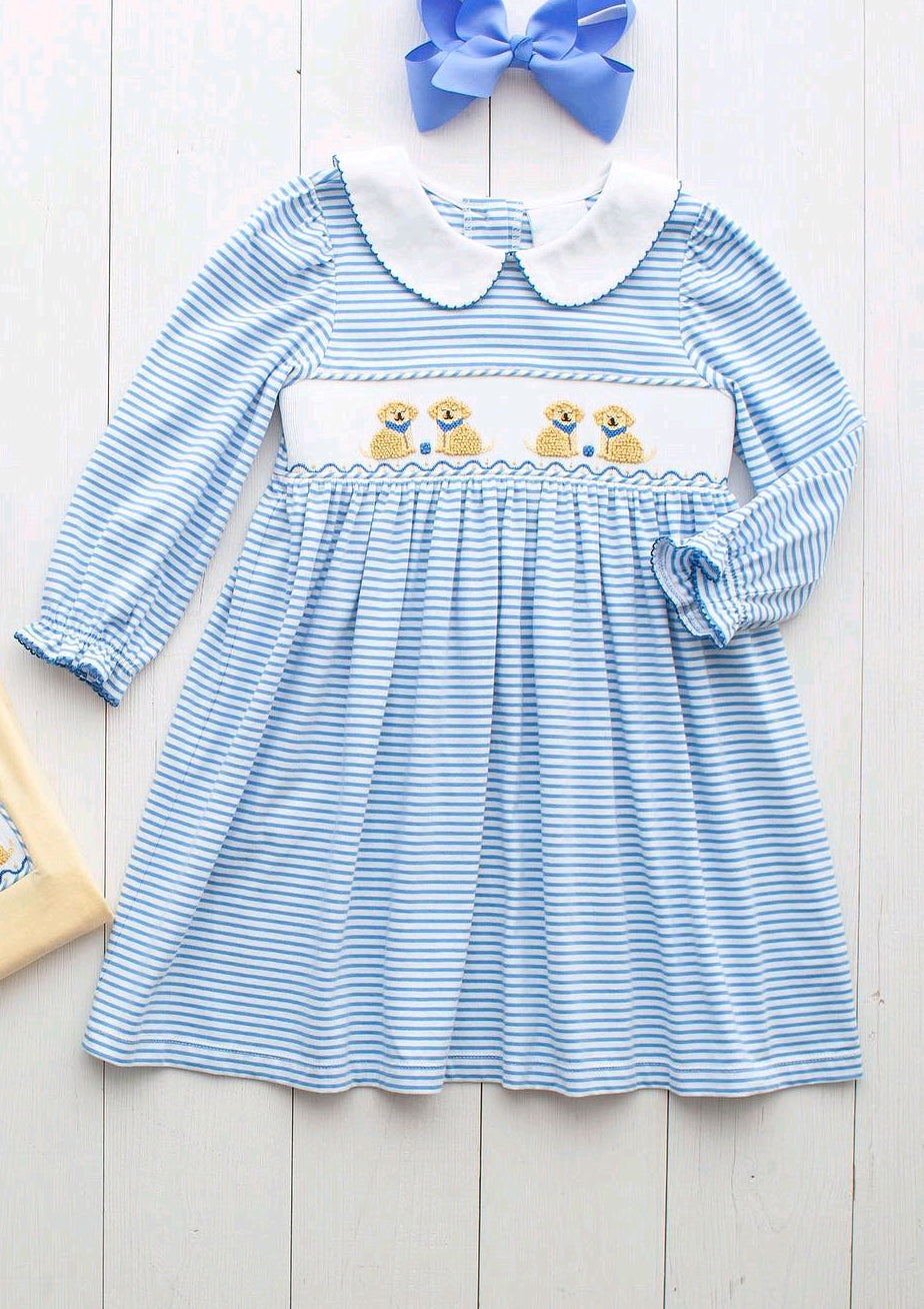 preorder GLD0992 Cute Dog Blue Striped Long Sleeve Girls Dress
