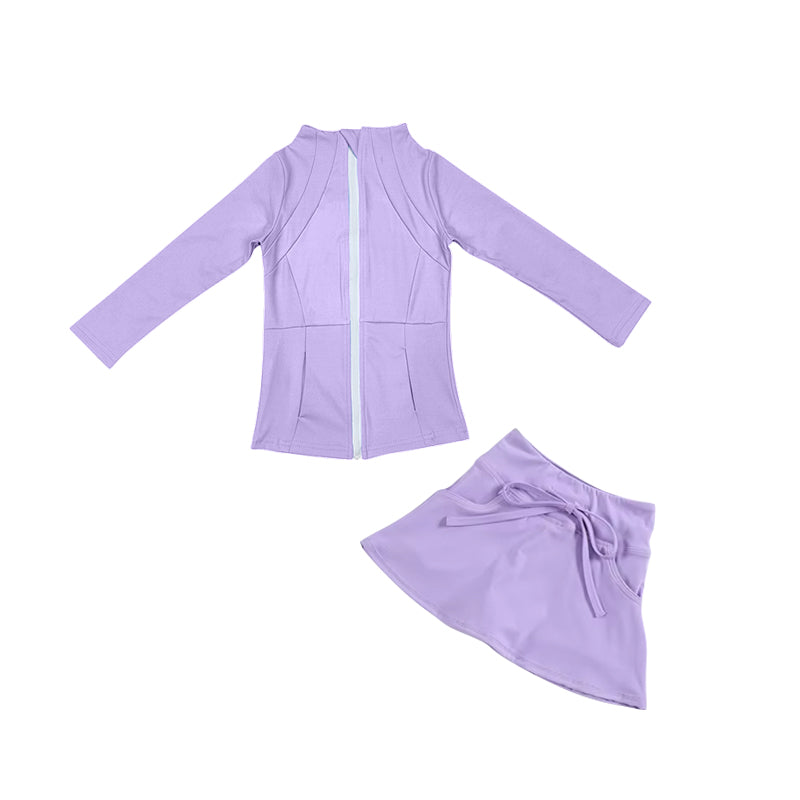 preorder GLD0993 Purple Zipper Long Sleeve Coat Skirt Girls Set Yoga Clothes
