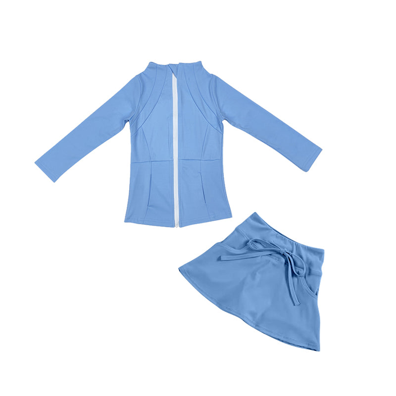 preorder GLD0994 Blue Zipper Long Sleeve Coat Skirt Girls Set Yoga Clothes