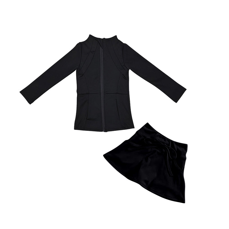 preorder GLD0995 Black Zipper Long Sleeve Coat Skirt Girls Set Yoga Clothes