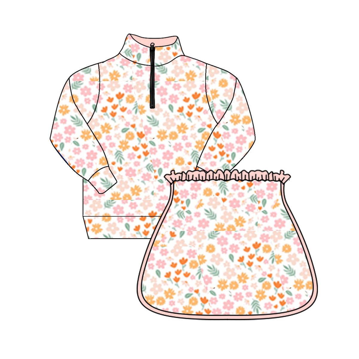 preorder GLD1005 pink orange flowers zipper long sleeve skirt with shorts girls set