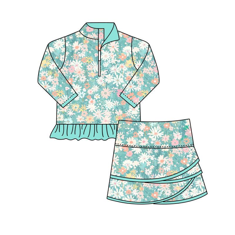 preorder GLD1006 colorful flowers mint color zipper long sleeve skirt with shorts girls set