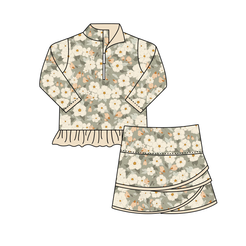 preorder GLD1008 white flowers green zipper long sleeve skirt with shorts girls set