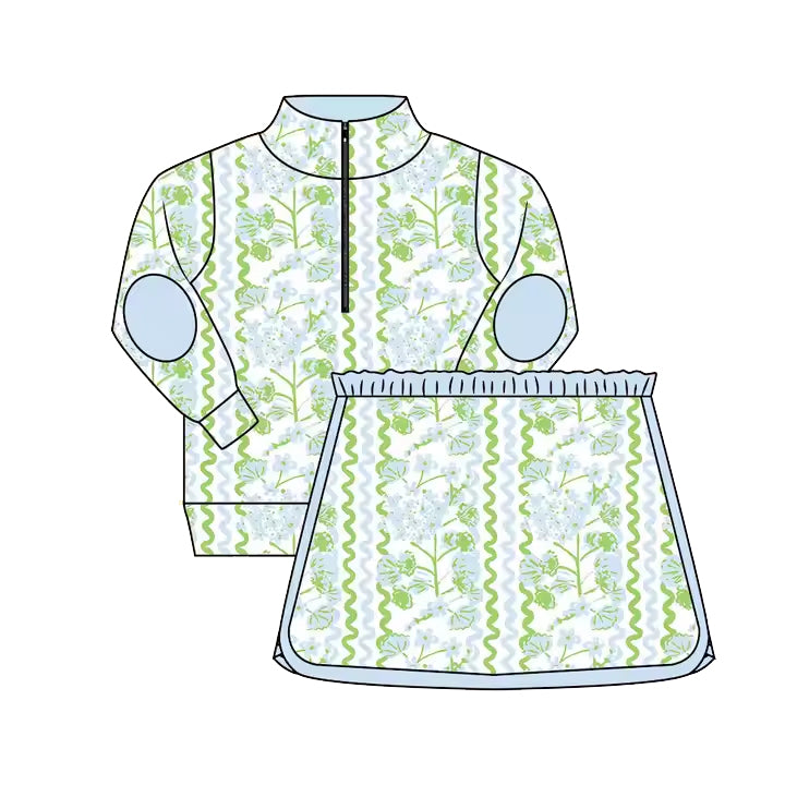 preorder GLD1017 milk silk blue flowers green zipper long sleeve skirt with shorts girls set