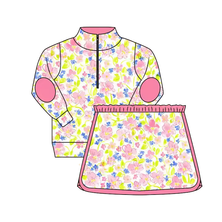 preorder GLD1018 milk silk pink flowers yellow flowers zipper long sleeve skirt with shorts girls set
