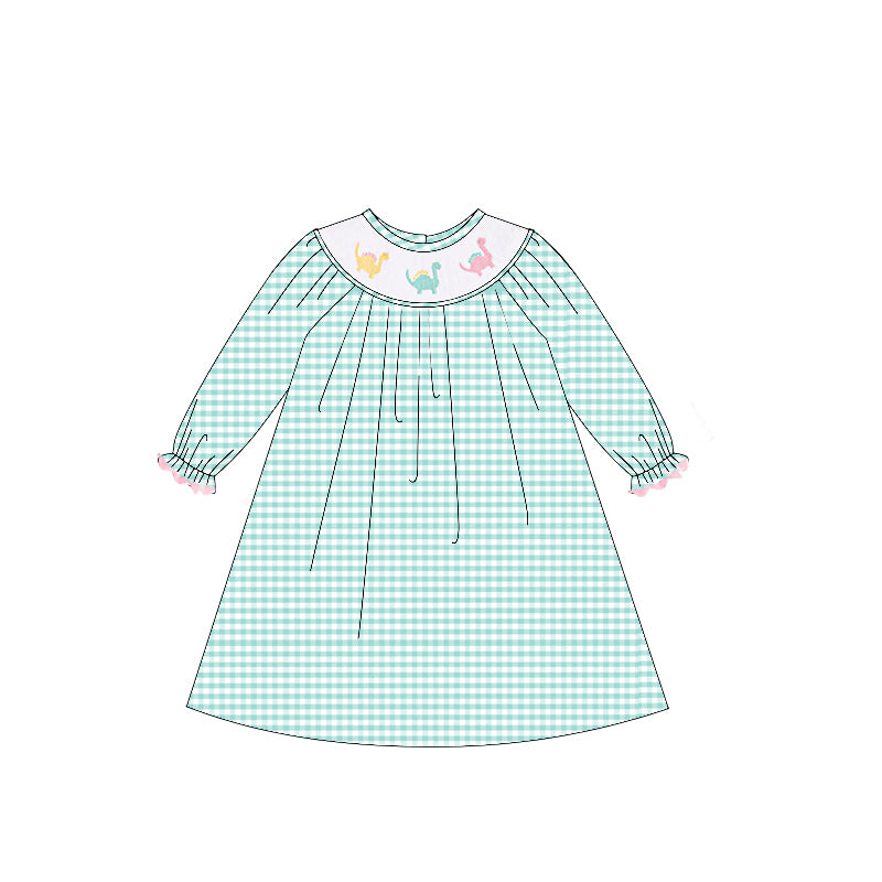 preorder GLD1022 colorful dinosaur green checkered long sleeve girls dress