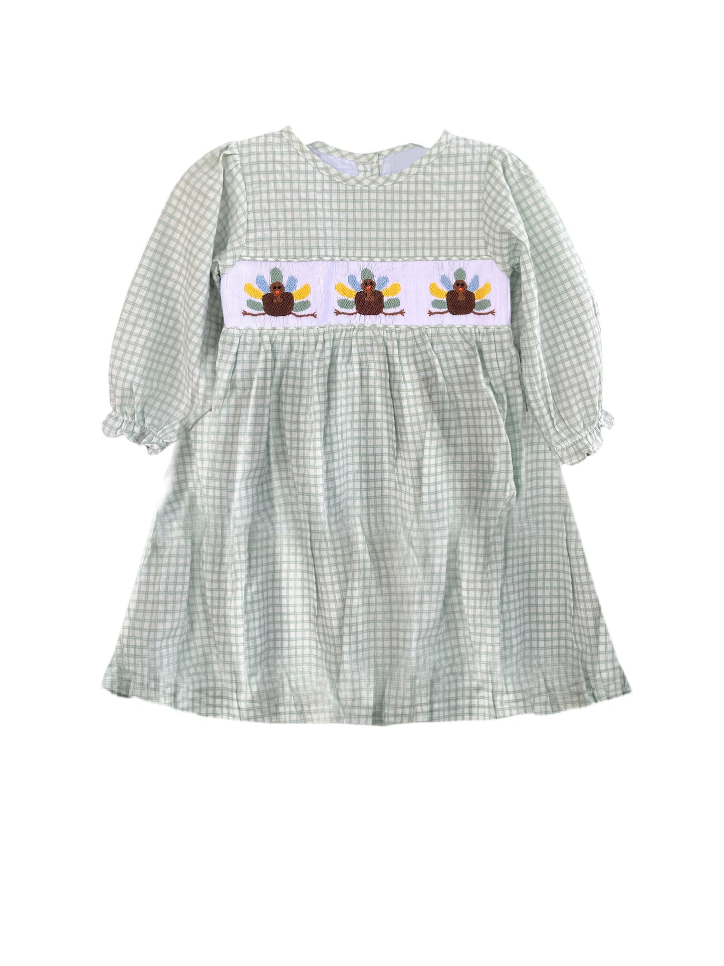 preorder GLD1025 turkey green checkered long sleeve girls dress