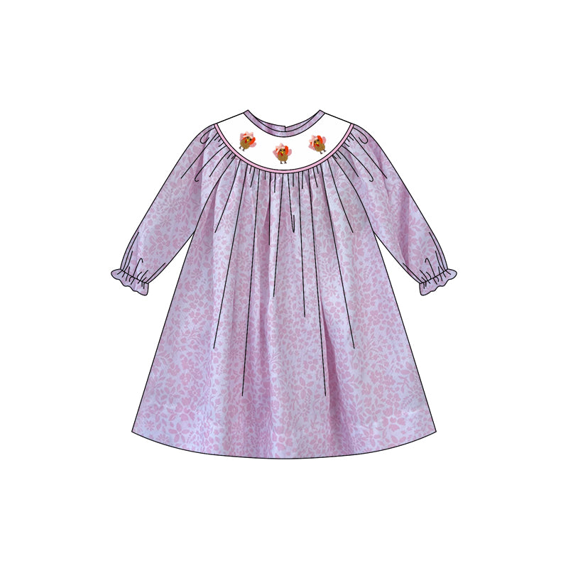 preorder GLD1027 turkey purple flowers long sleeve girls dress