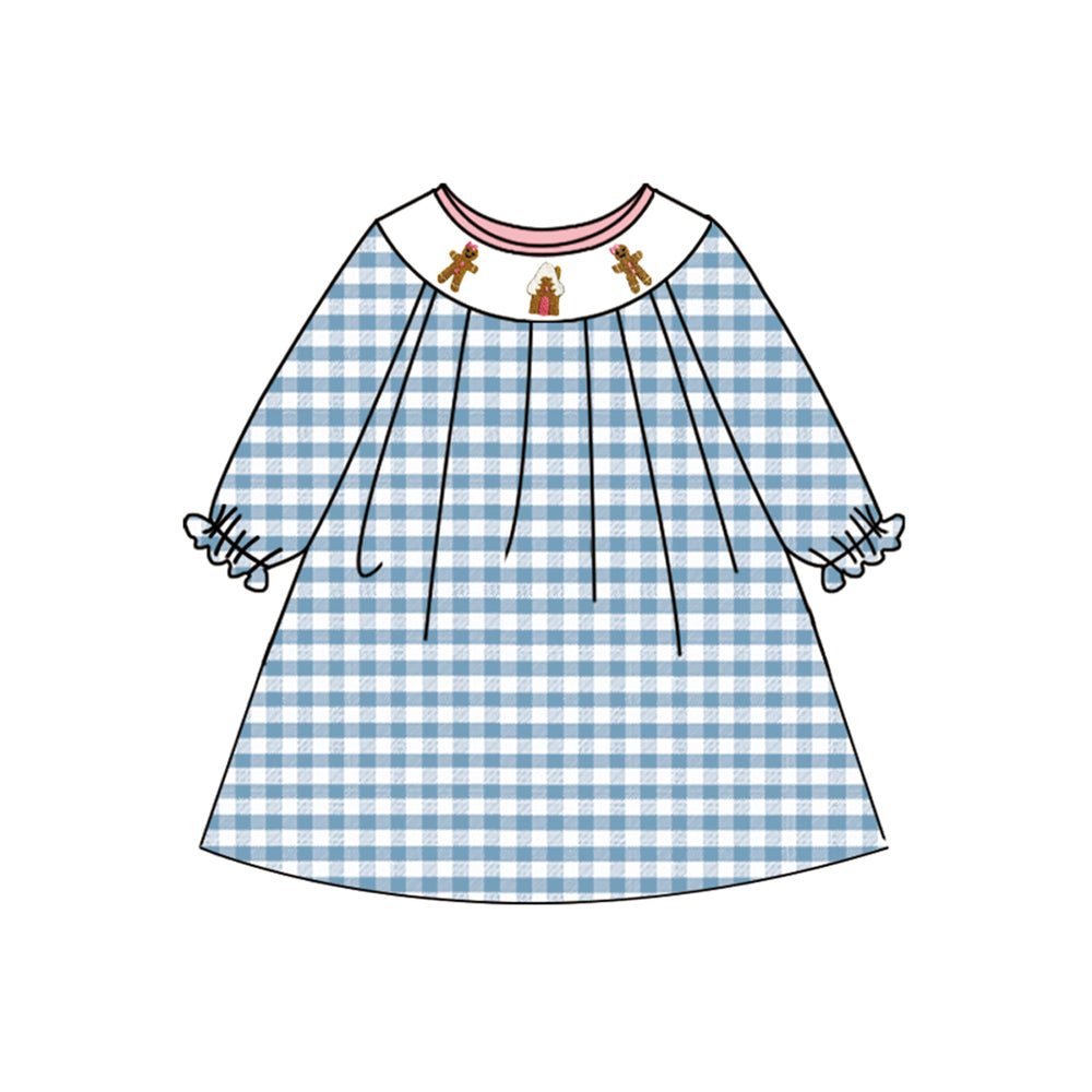 preorder GLD1029 Christmas gingerbread man house blue checkered long sleeve girls dress