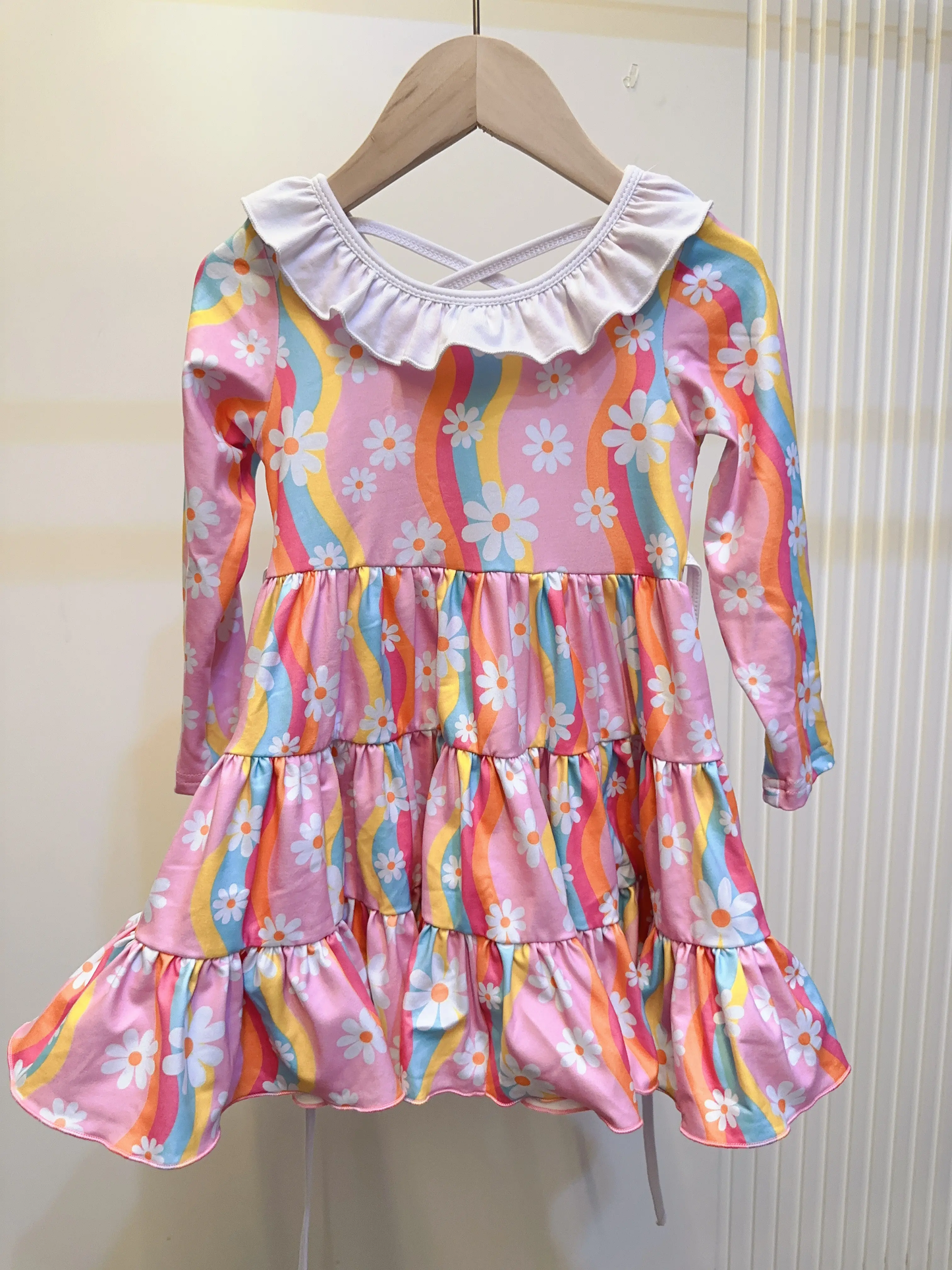 preorder GLD1033 rainbow striped flowers pink long sleeve girls dress