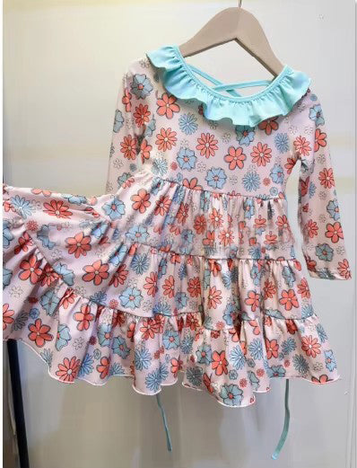 preorder GLD1034 colorful flowers pink long sleeve girls dress