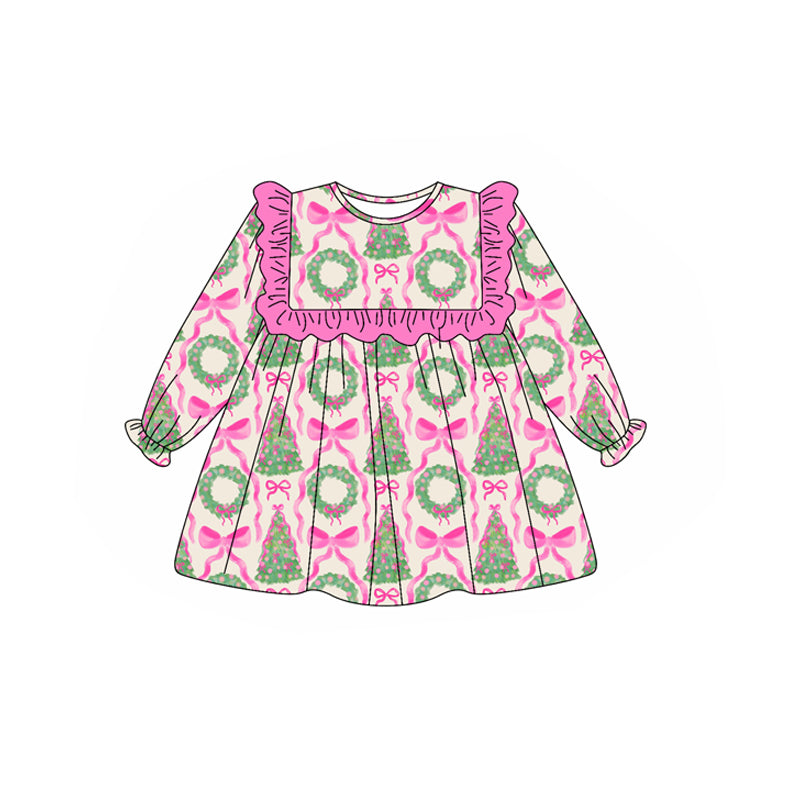 preorder GLD1040 Christmas tree hot pink bows long sleeve girls dress