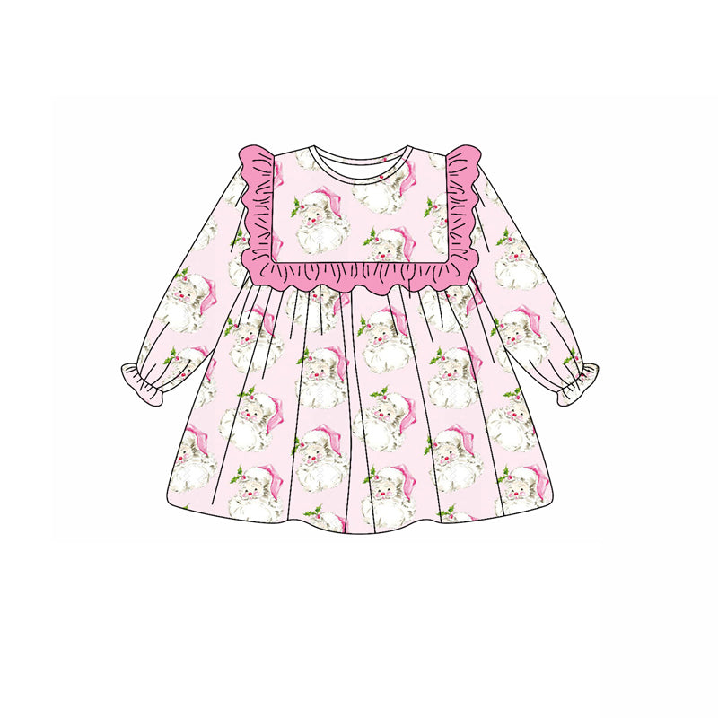 preorder GLD1045 Christmas Santa pink ruffles long sleeve girls dress