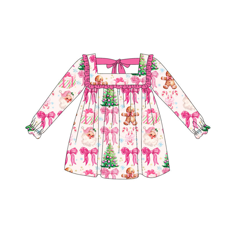 preorder GLD1055 Christmas Santa gingerbread man bows hot pink long sleeve girls dress