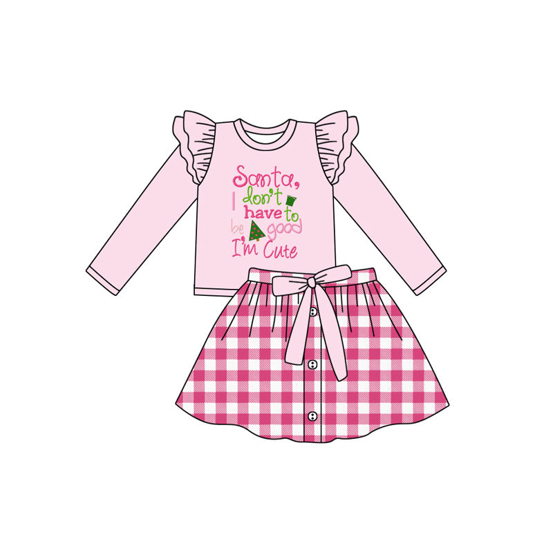 preorder GLD1068 Christmas Santa i dont have to be good pink long sleeve checkered skirt with shorts girls set