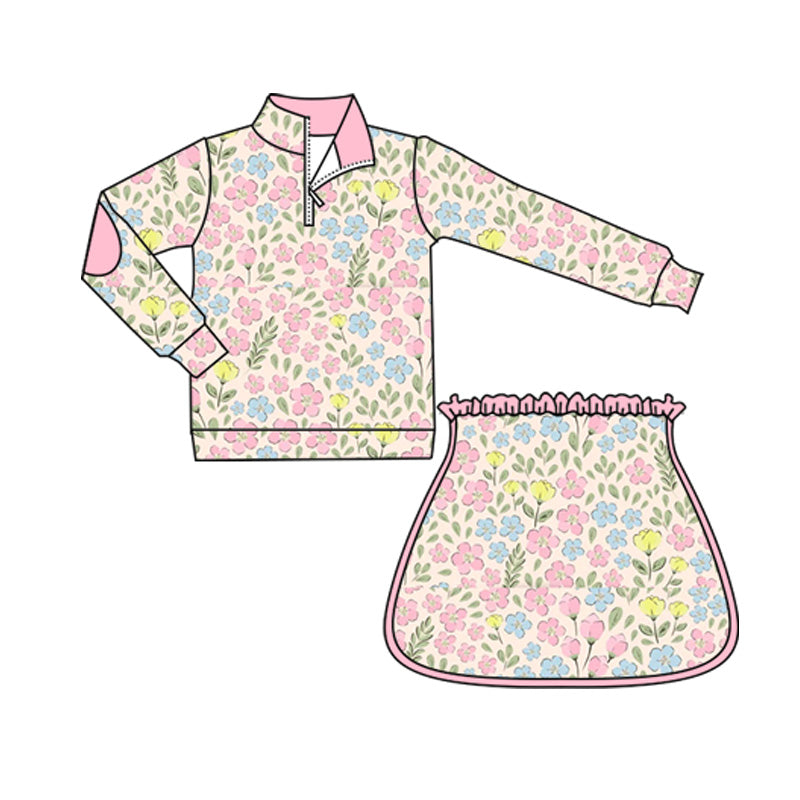 preorder GLD1077 pink flowers zipper long sleeve skirt with shorts girls set