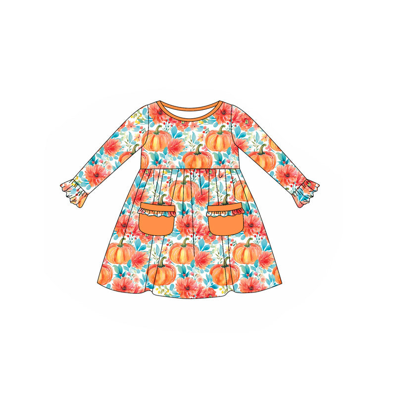 preorder GLD1085 Autumn pumpkin flowers pockets orange long sleeve girls dress