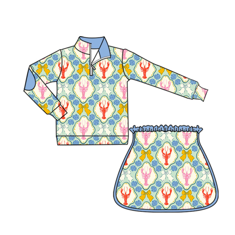 preorder GLD1096 yoga colorful crayfish bows blue zipper long sleeve skirt skorts girls set